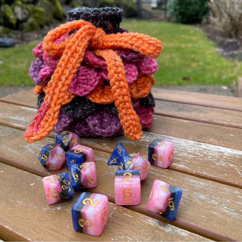 Dragon Scale Crochet Yarn Dice Bag with Tie Orange Purple Black Glitter